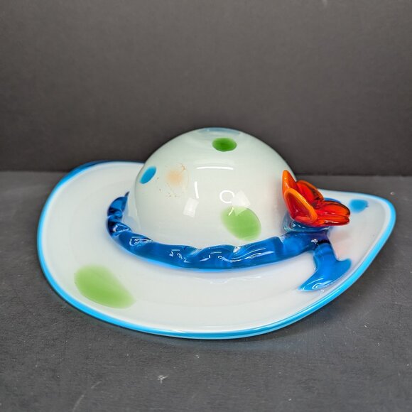 Vintage Blown Glass Art Glass Ladies Hat White with Polka Dots Red Flower - Picture 1 of 10